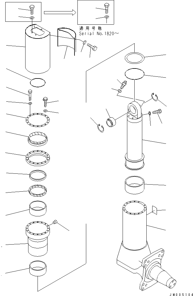 Komatsu parts book diagram for HD255-5 S/N 1001-UP: FRONT AXLE (LEFT HAND) (6/6) (FRONT SUSPENSION ASSEMBLY)(#1312-)