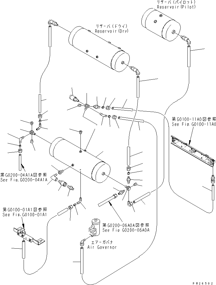 Komatsu parts book diagram for HD255-5 S/N 1001-UP: AIR TANK AND EQUIPMENT (WET AIR TANK) (FOR EMERGENCY BRAKE)(#1201-1600)