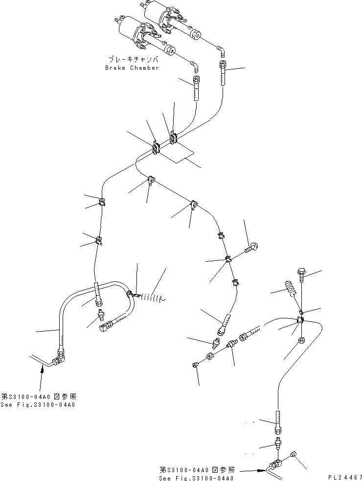 Komatsu parts book diagram for HD255-5 S/N 1001-UP: AIR PIPING (FRONT BRAKE LINE)(#1001-1200)