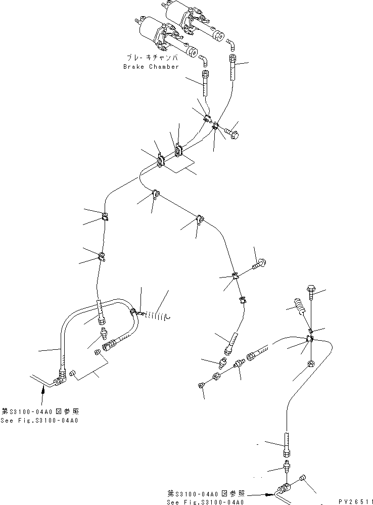 Komatsu parts book diagram for HD255-5 S/N 1001-UP: AIR PIPING (FRONT BRAKE LINE)(#1201-1600)