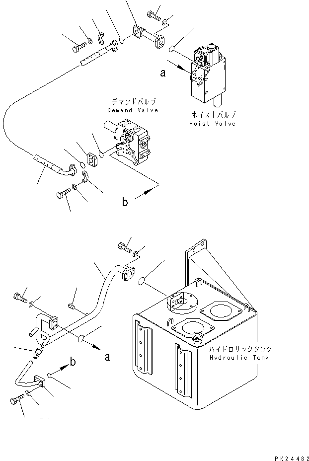 Komatsu parts book diagram for HD255-5 S/N 1001-UP: STEERING AND HOIST PIPING (PIPING) (TANK RELATED)