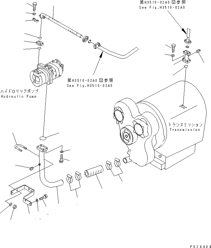 Komatsu parts book diagram for HD255-5 S/N 1001-UP: TRANSMISSION PIPE (1/2)(#1001-1600)