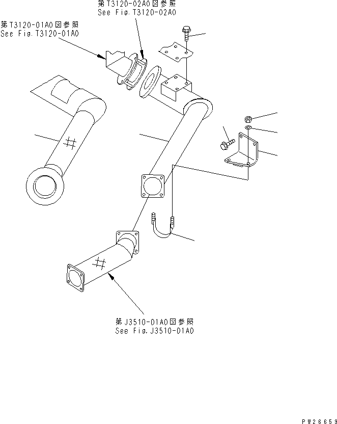Komatsu parts book diagram for HD255-5 S/N 1001-UP: REAR SUPPORT (EXHAUST PIPING)(#1001-1600)