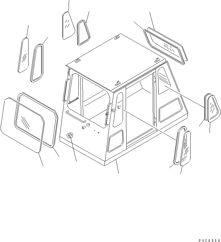 Komatsu parts book diagram for HD255-5 S/N 1001-UP: OPERATOR'S CAB (GLASS) (FOR ENGINE SIDE COVER)(#1201-1600)