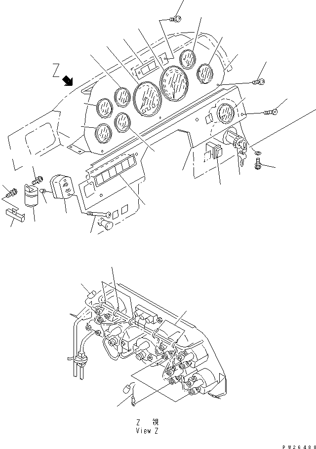 Komatsu parts book diagram for HD255-5 S/N 1001-UP: INSTRUMENT PANEL (PANEL) (WITH HAEARD LAMP)(#1201-1600)