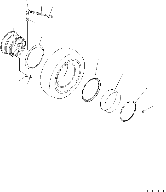 Komatsu parts book diagram for HD255-5 S/N 1001-UP: TIRE AND RIM (FOR FRONT WHEEL) (TUBE LESS)(#1201-)