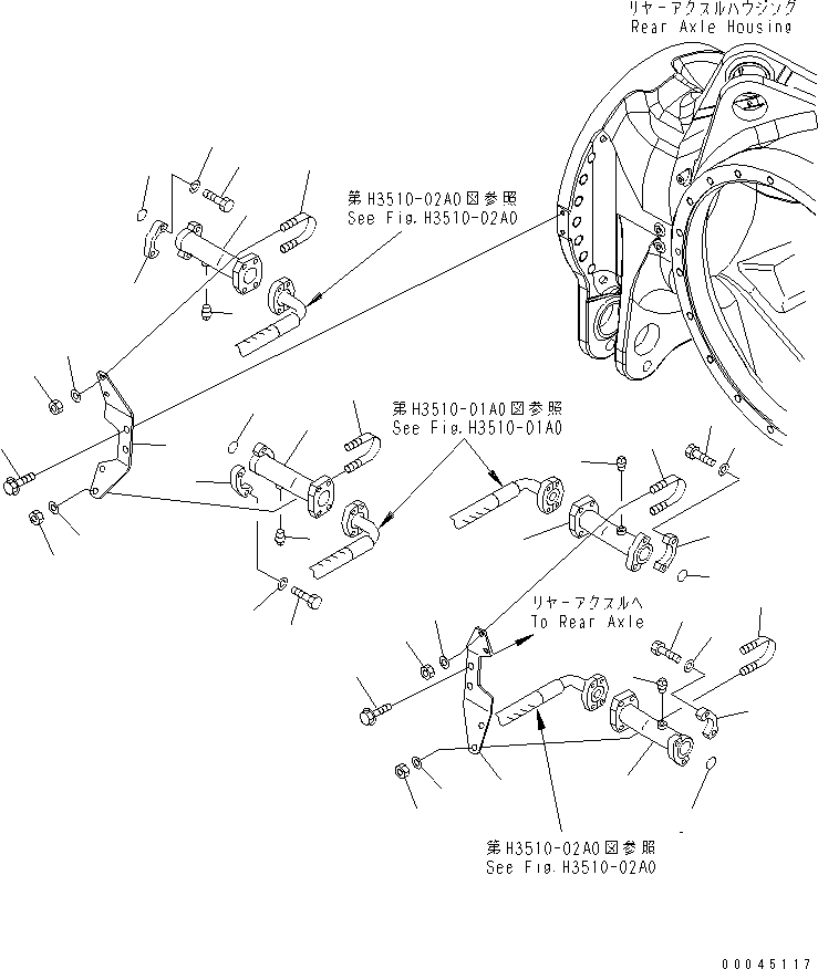 Komatsu parts book diagram for HD465-7R S/N 15001-15351 (W/O EGR): REAR AXLE (BRAKE COOLING PIPING) (REAR BRAKE TUBE)(#15001-)