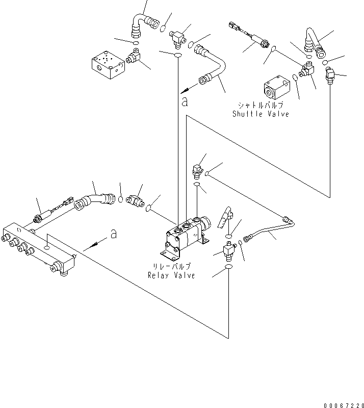 Komatsu parts book diagram for HD465-7R S/N 15001-15351 (W/O EGR): BRAKE PIPING (BLOCK TO FRONT BRAKE SHUTTLE VALVE) (1/2)(#15025-)