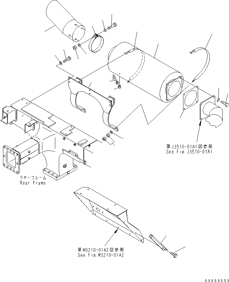 Komatsu parts book diagram for HD465-7R S/N 15001-15351 (W/O EGR): MUFFLER(#15001-15024)