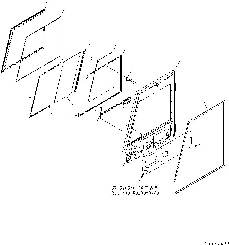 Komatsu parts book diagram for HD465-7R S/N 15001-15351 (W/O EGR): OPERATOR'S CAB (R.H. DOOR ? WINDOW GLASS AND RELATED PARTS)(#15001-)