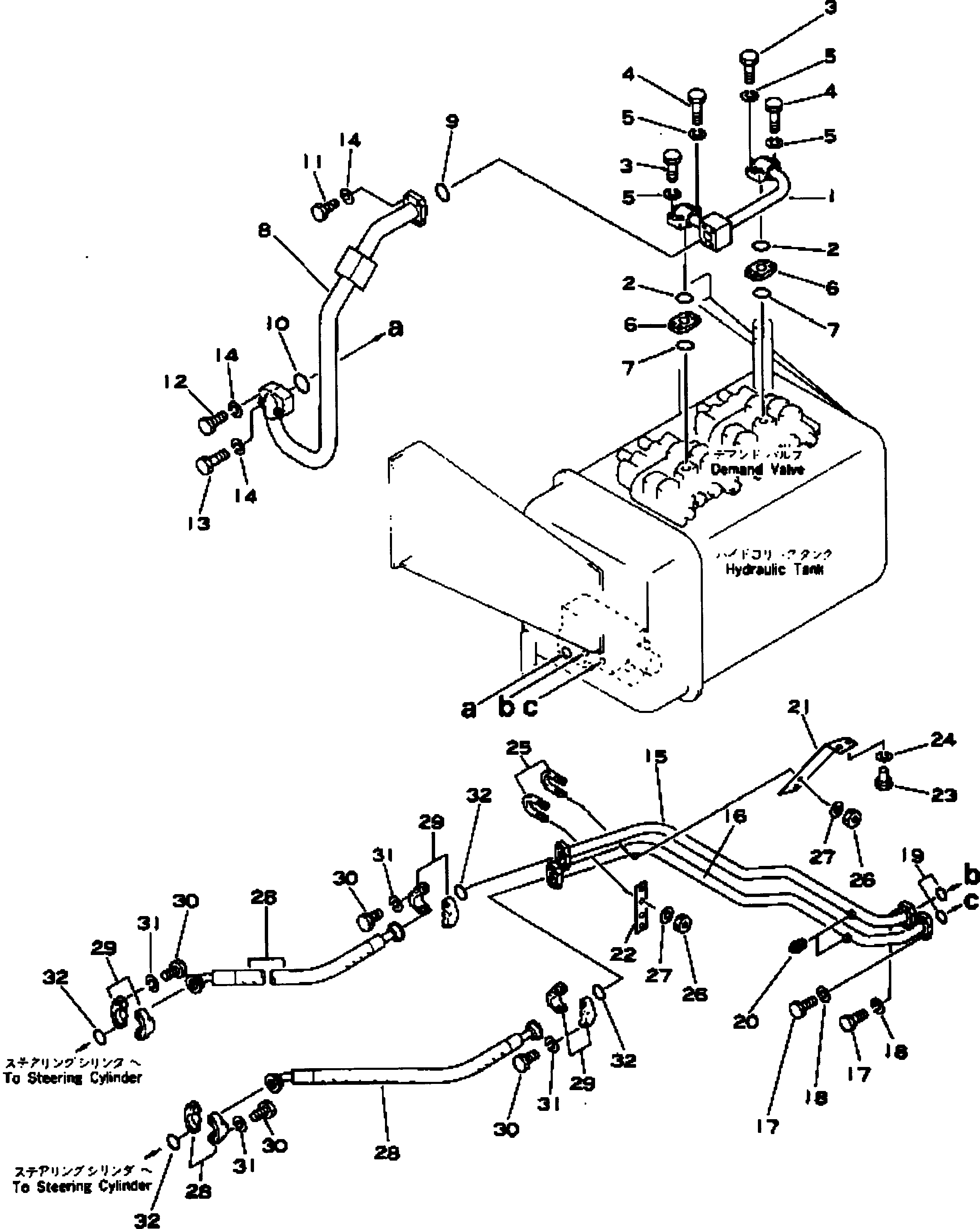 Komatsu parts book diagram for HD780-1 S/N 1002-UP: STEERING VALVE TO STEERING CYLINDER PIPING (1/2)