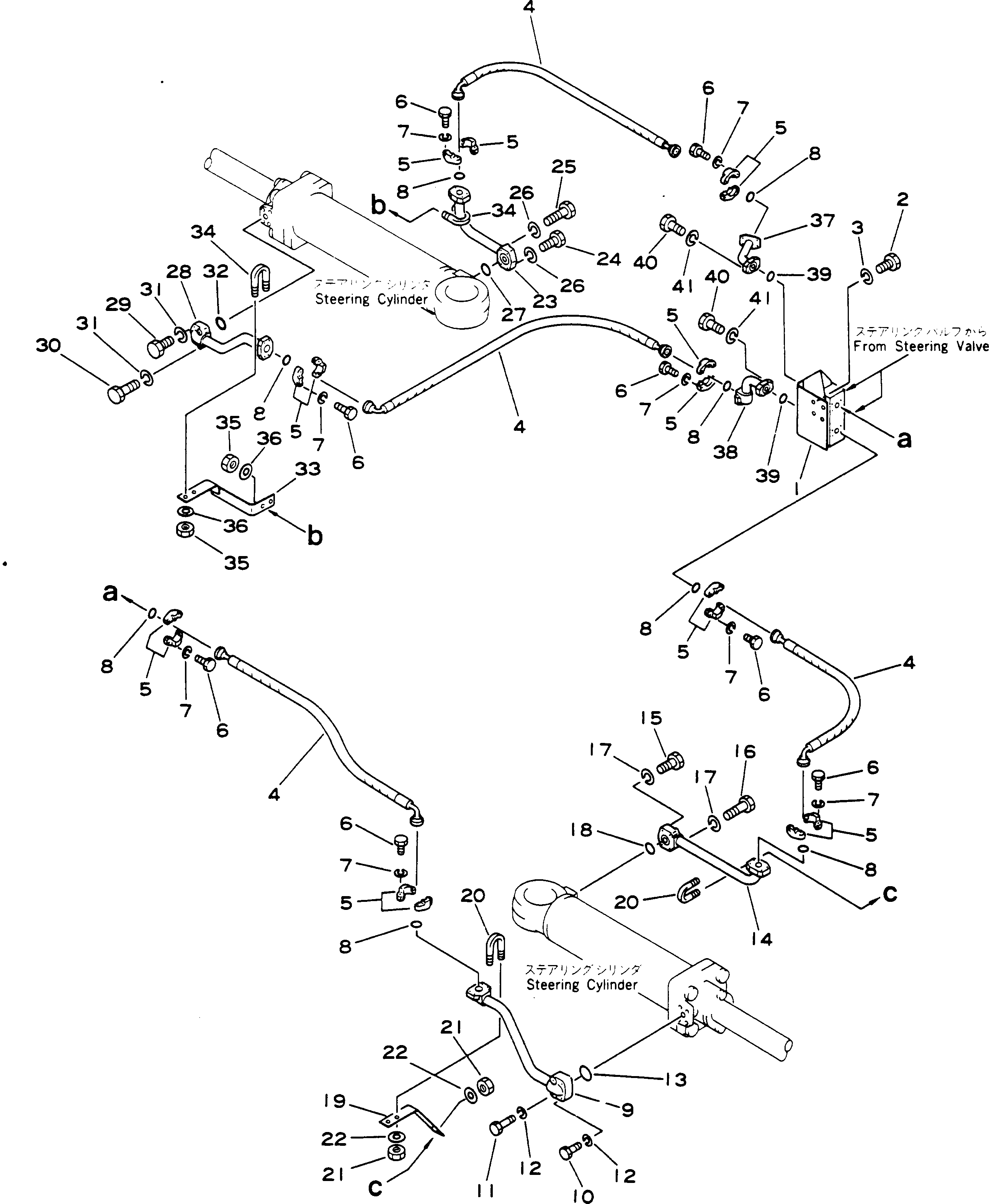 Komatsu parts book diagram for HD780-1 S/N 1002-UP: STEERING VALVE TO STEERING CYLINDER PIPING (2/2)