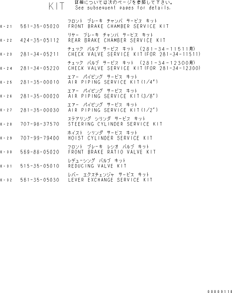 Dump Trucks Komatsu / HD785-5 S/N 4001-UP(hd785-5r) / SERVICE KIT (3/3)(510030 : Y0100-03A0)
