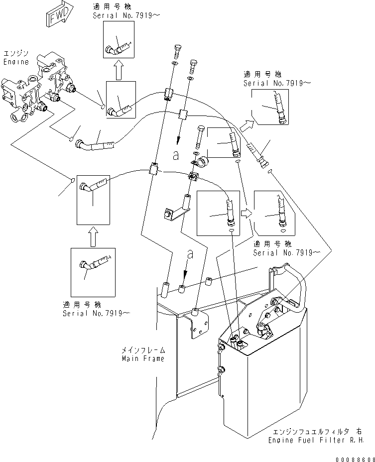 Komatsu parts book diagram for HD785-7 S/N 7001-8172: ENGINE (FUEL LINE) (FILTER TO ENGINE) (R.H.) (ADDITIONAL FUEL FILTER)(#7169-)