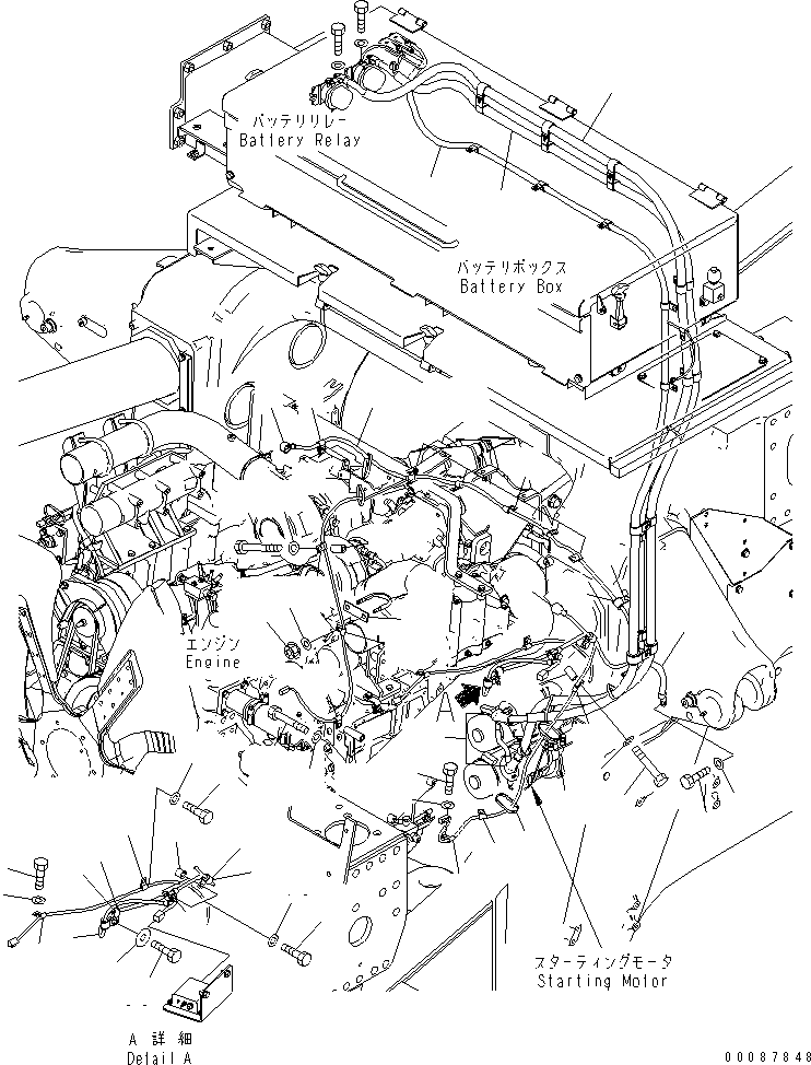 Komatsu parts book diagram for HD785-7 S/N 7001-8172: ENGINE EARTH AND HEATER RELAY HARNESS (ADDITIONAL FUEL FILTER)(#7169-)