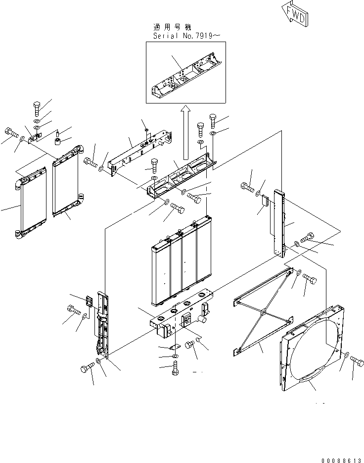 Komatsu parts book diagram for HD785-7 S/N 7001-8172: RADIATOR (1/2)(#7169-)