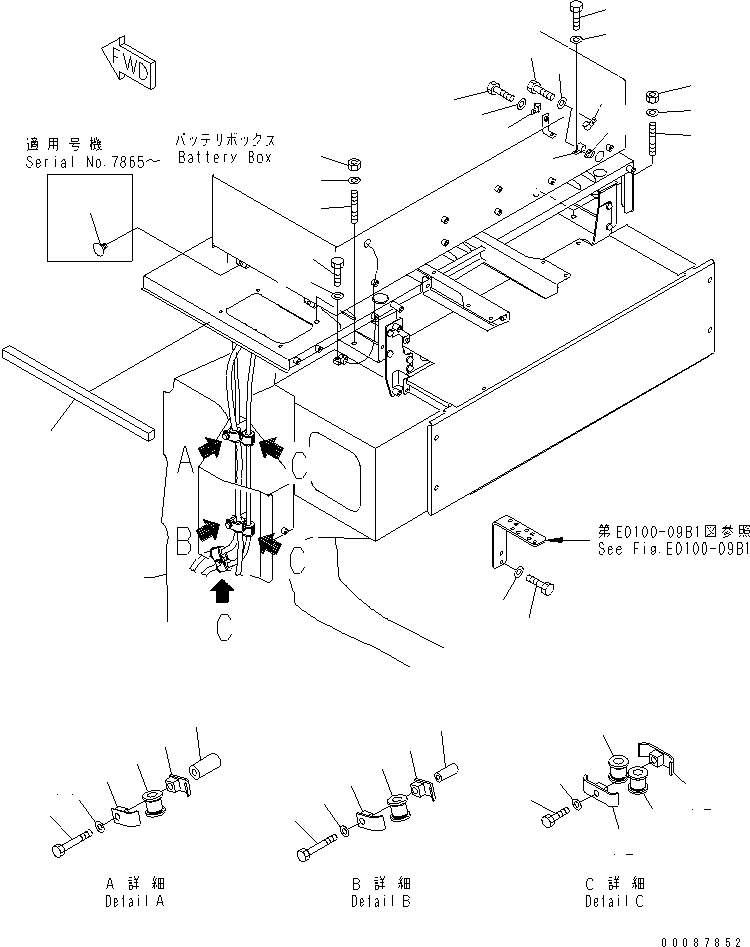 Komatsu parts book diagram for HD785-7 S/N 7001-8172: REAR HOOD RELATED PARTS (FOR WITH ABS)(#7169-)
