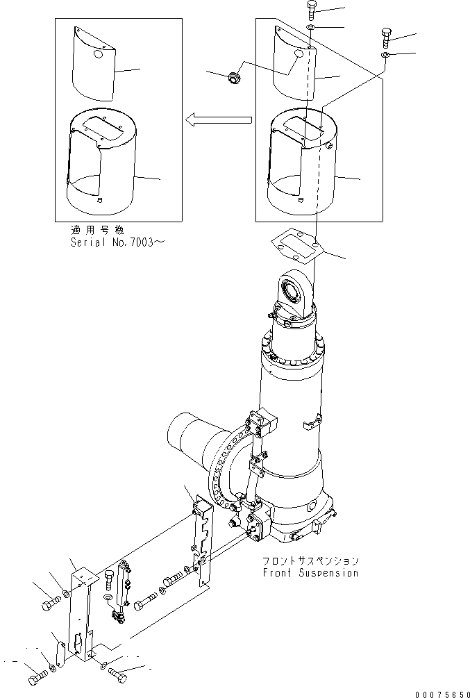 Komatsu parts book diagram for HD785-7 S/N 7001-8172: FRONT AXLE (R.H.) (FRONT SUSPENSION ASS'Y) (COVER) (FOR PAYLOAD METETR AND AUTO SUSPENSION)(#7001-)
