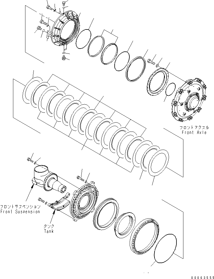 Komatsu parts book diagram for HD785-7 S/N 7001-8172: FRONT AXLE (L.H.) (BRAKE) (2/3)(#7001-)