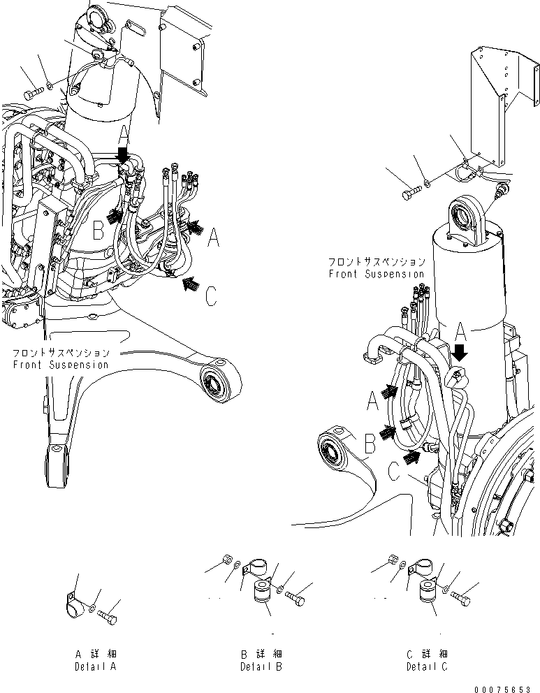 Komatsu parts book diagram for HD785-7 S/N 7001-8172: FRONT AXLE (L.H.) (HOSE CLIP) (FOR SUSPENSION CYLINDERLINE) (FOR WITH ABS)(#8184-)