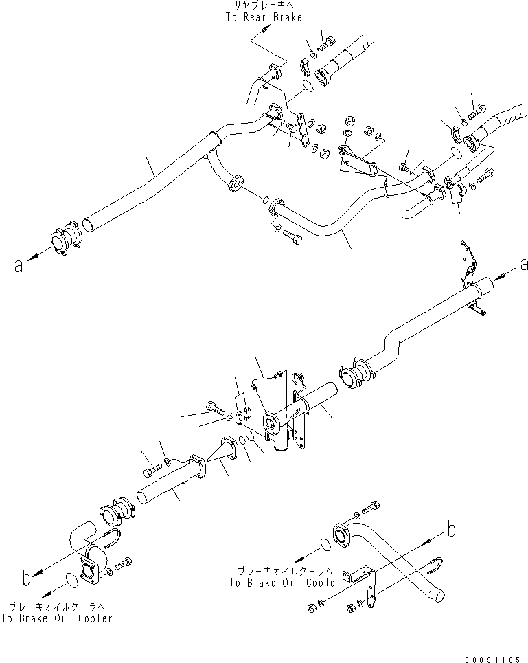 Komatsu parts book diagram for HD785-7 S/N 7001-8172: BRAKE COOLING OIL LINE (REAR BRAKE TO OIL COOLER) (1/2) (FOR OIL COOLER STRAINER AND CAUTION)(#8128-)