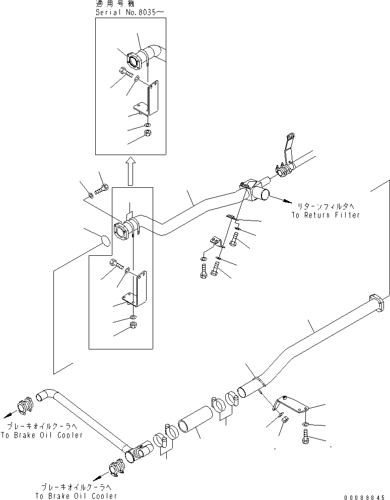 Komatsu parts book diagram for HD785-7 S/N 7001-8172: BRAKE COOLING OIL LINE (OIL COOLER TO FILTER) (QUICK CHARGE OIL)(#7169-)