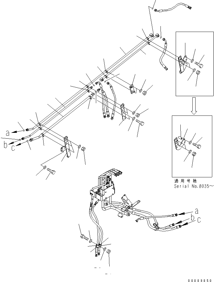 Komatsu parts book diagram for HD785-7 S/N 7001-8172: BRAKE PIPING (FRAME R.H. SIDE) (3/3) (AUTO GREASE)(#7169-)