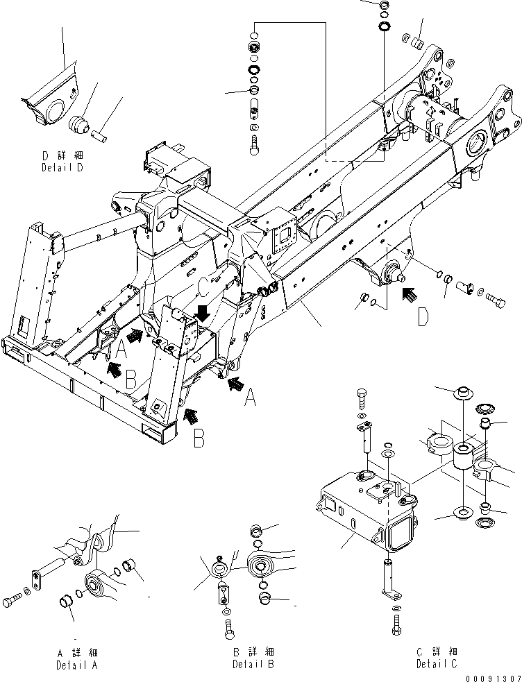 Komatsu parts book diagram for HD785-7 S/N 7001-8172: MAIN FRAME (FRAME) (A. FILTER ? TIRE STOPPER ? STAIRWAY ? ABS ? E.BRAKE ? ASR ? E. R. LAMP ? E. S. COVER)(#7936-)