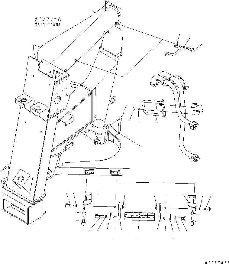 Komatsu parts book diagram for HD785-7 S/N 7001-8172: FRONT SUPPORT (L.H.) (STEP) (STAIRWAY)(#7169-)