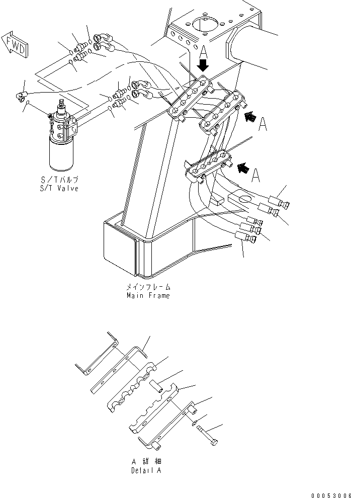 Komatsu parts book diagram for HD785-7 S/N 7001-8172: FRONT SUPPORT (L.H.) (STEERING PIPING)(#7001-7168)