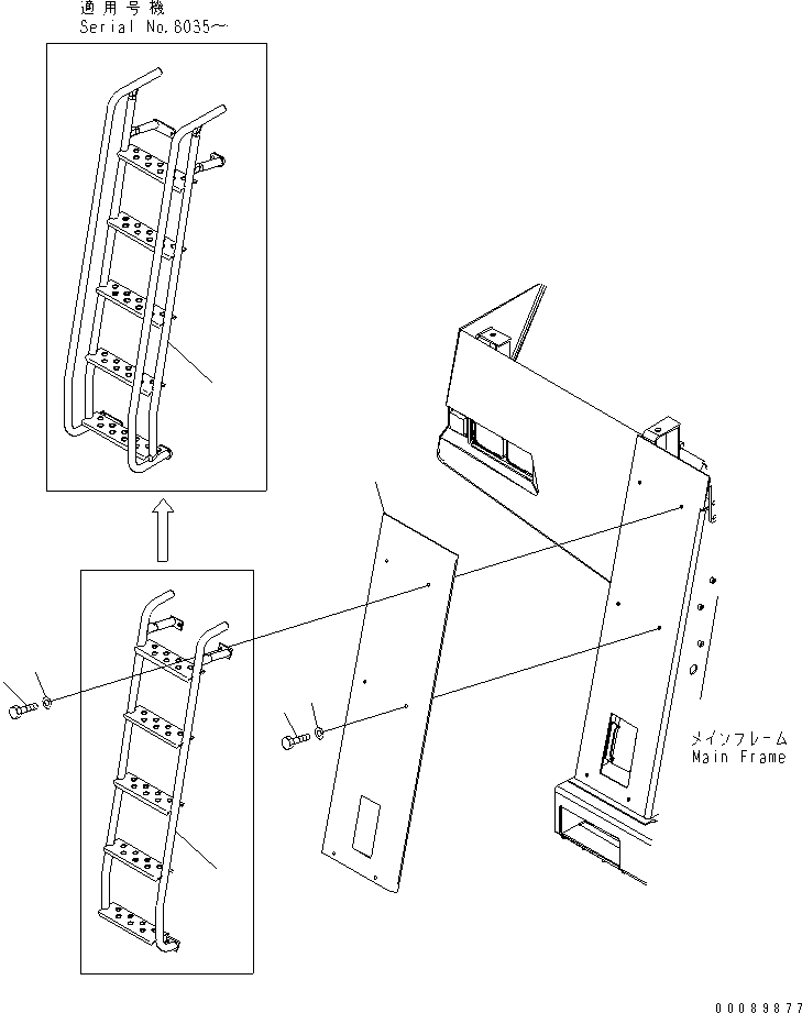 Komatsu parts book diagram for HD785-7 S/N 7001-8172: FRONT SUPPORT (R.H.) (BRACKET) (STAIRWAY)(#7936-)
