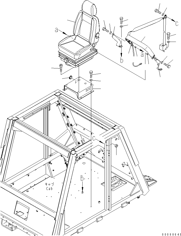 Komatsu parts book diagram for HD785-7 S/N 7001-8172: FLOOR (OPERATOR'S SEAT) (3-POINTS SEAT BELT)(#7843-)