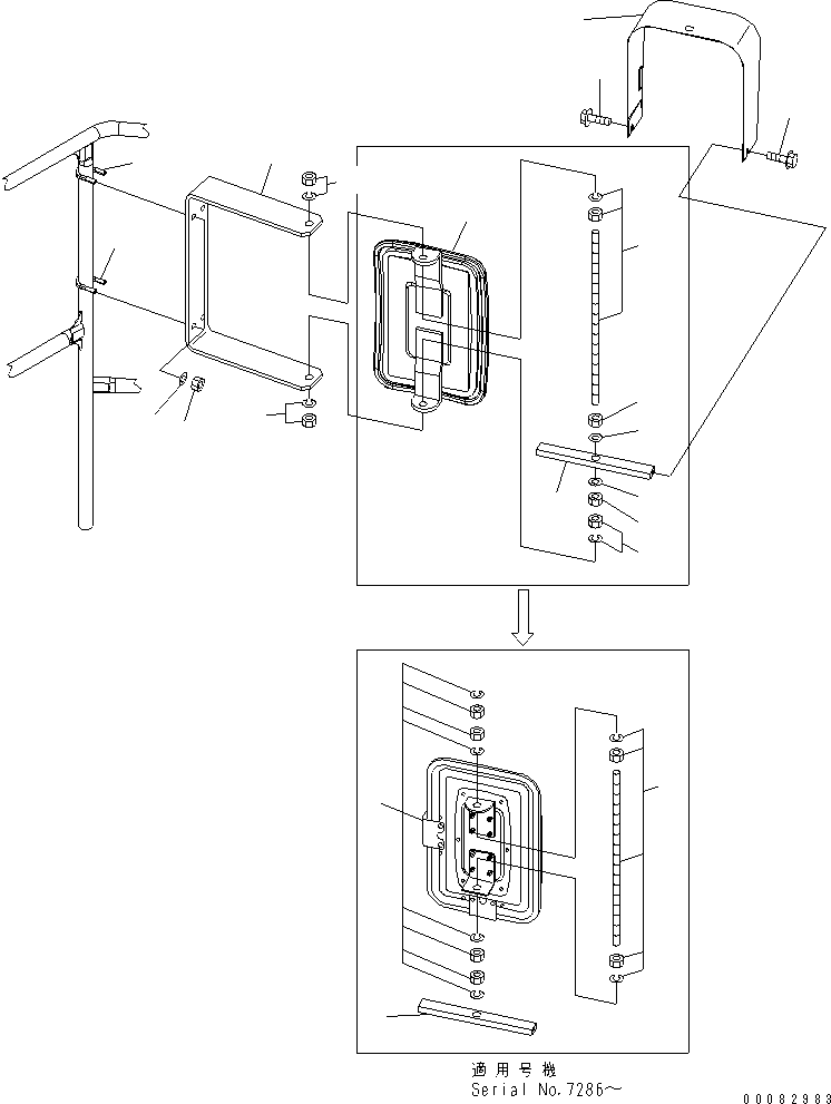 Komatsu parts book diagram for HD785-7 S/N 7001-8172: CAB GUARD (SIDE MIRROR ? L.H.)(#7001-)