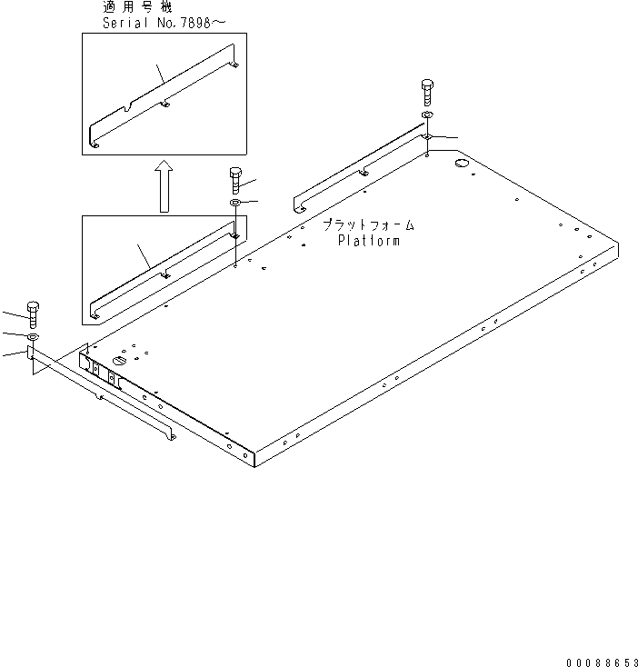 Komatsu parts book diagram for HD785-7 S/N 7001-8172: PLATFORM SUB ASS'Y (R.H.) (TOE GUARD) (PAYLOAD METER) (AUTO GREASE)(#7169-)