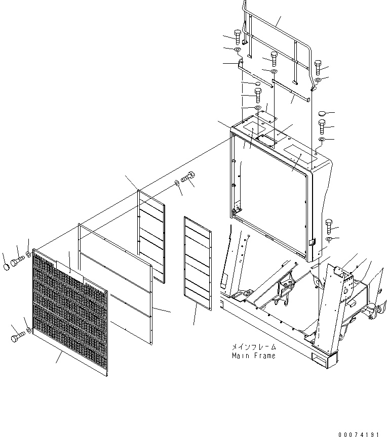 Komatsu parts book diagram for HD785-7 S/N 7001-8172: RADIATOR GUARD (SAND PROTECTION ? BATTERY ISOLATOR ? ENGINE SHUT DOWN)(#7169-)