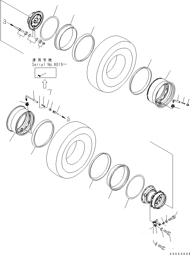 Komatsu parts book diagram for HD785-7 S/N 7001-8172: RIM (REAR WHEEL)(#7001-)