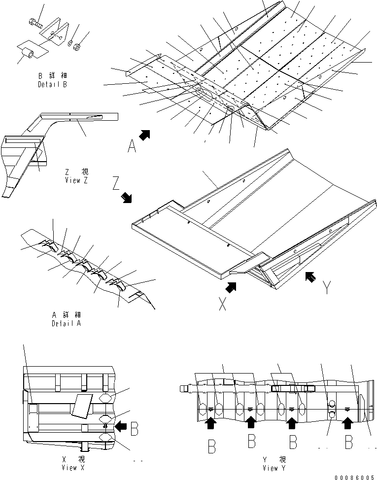 Komatsu parts book diagram for HD785-7 S/N 7001-8172: BODY (WITH STEEL LINER AND MUFFLER)(#7169-)