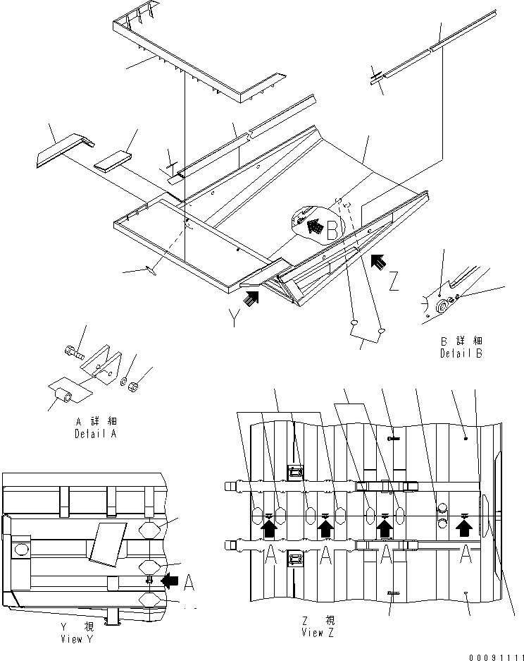 Komatsu parts book diagram for HD785-7 S/N 7001-8172: BODY (WITH PLATFORM GUARD ? 300MM SPILL GUARD ? STEEL LINR ? 200 SIDE EXTENSION AND AUTO GREASE)(#8108-)