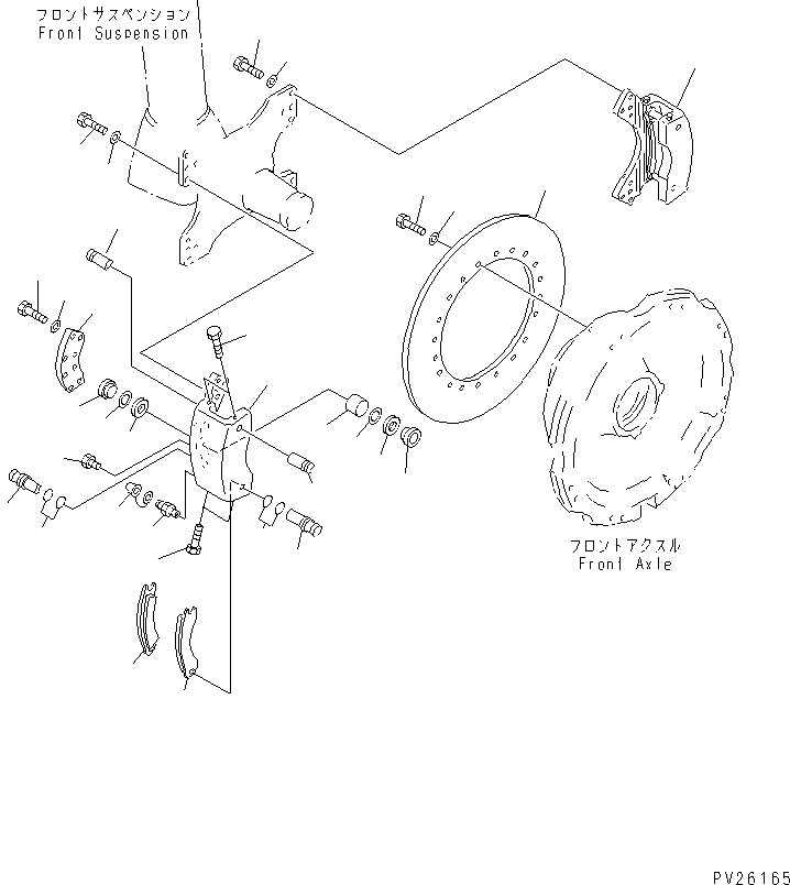 Komatsu parts book diagram for HD985-5 S/N 1021-UP: FRONT AXLE (LEFT HAND) (FRONT BRAKE ASS'Y)(#1053-)