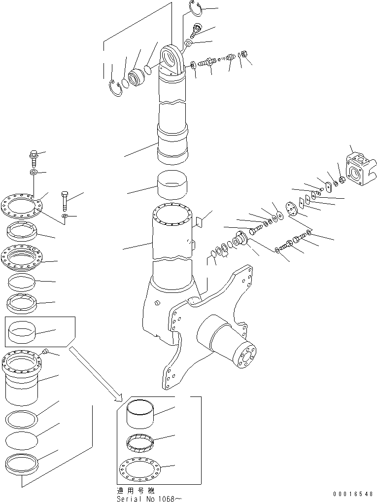 Komatsu parts book diagram for HD985-5 S/N 1021-UP: FRONT AXLE (LEFT HAND) (FRONT SUSPENSION ASS'Y) (1/2)            (AUTO SUSPENSION) (NEW SENSOR TYPE)(#1053-)