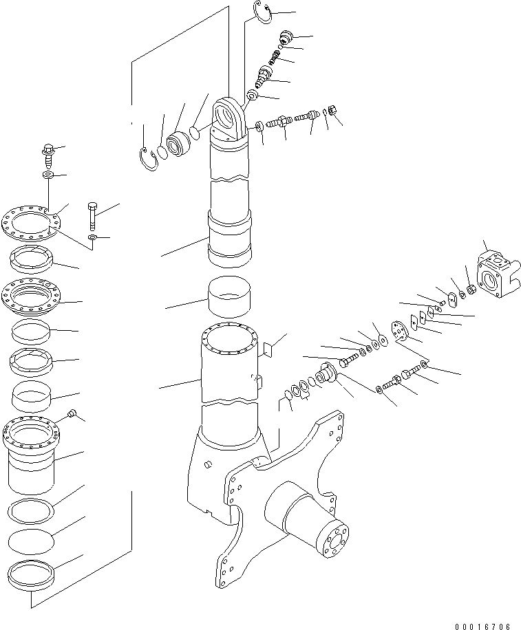 Komatsu parts book diagram for HD985-5 S/N 1021-UP: FRONT AXLE (LEFT HAND) (FRONT SUSPENSION ASS'Y) (WITH ABS) (PLM PRINT)(#1053-)