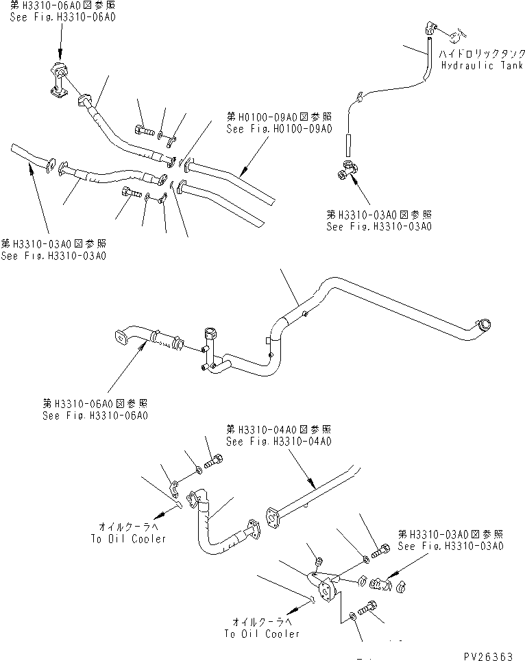 Komatsu parts book diagram for HD985-5 S/N 1021-UP: TRANSMISSION PIPING (1/6)