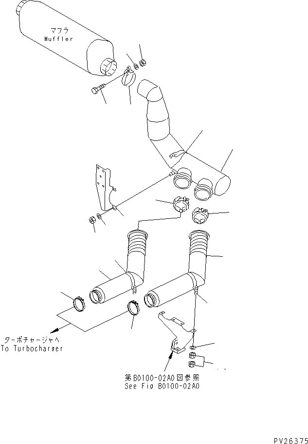 Komatsu parts book diagram for HD985-5 S/N 1021-UP: EXHAUST PIPING (WITHOUT EXHAUST BRAKE) (MUFFLER)