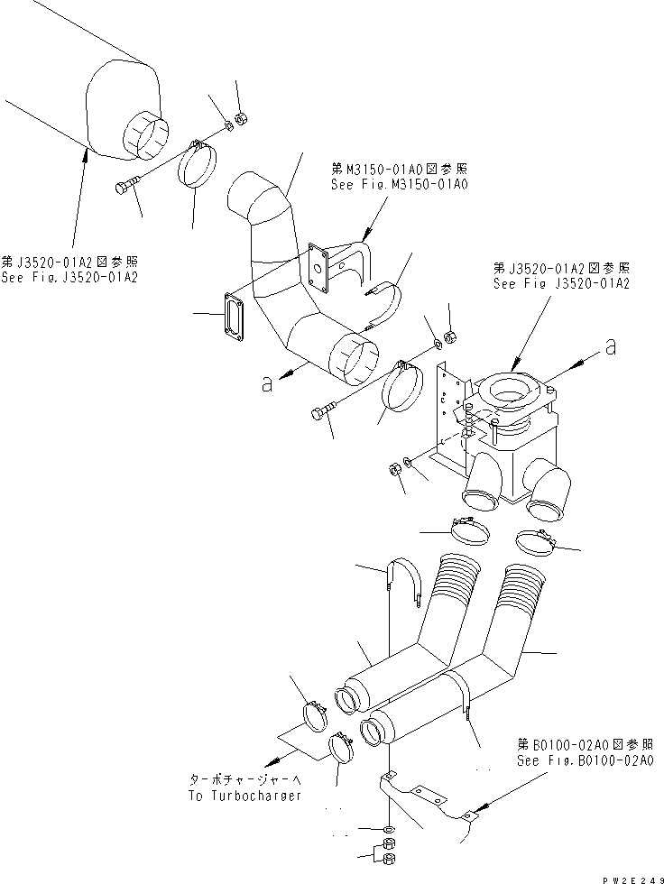 Komatsu parts book diagram for HD985-5 S/N 1021-UP: EXHAUST PIPING (WITH EXHAUST BOX)