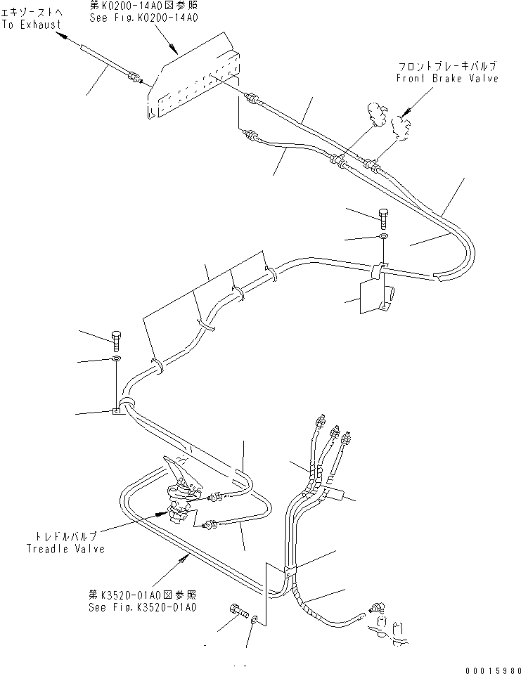 Komatsu parts book diagram for HD985-5 S/N 1021-UP: AIR PIPING (3/5) (AUTO SUSPENSION AND FRONT BRAKE CUT AND EXHAUST BRAKE)