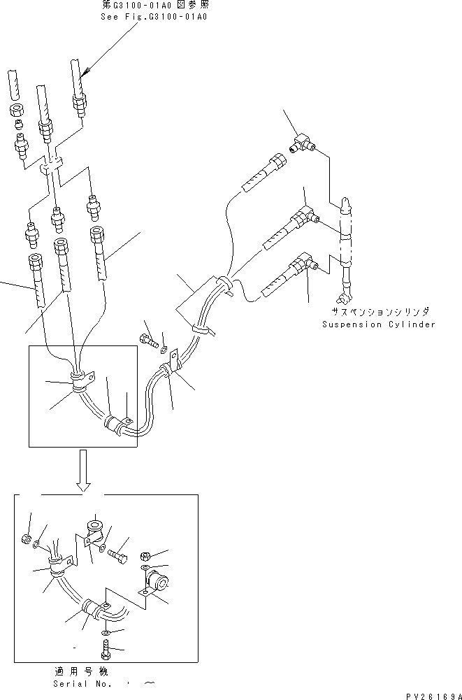Komatsu parts book diagram for HD985-5 S/N 1021-UP: FRONT AXLE (LEFT HAND) (HOSE) (AUTO SUSPENSION)(#1021-1052)