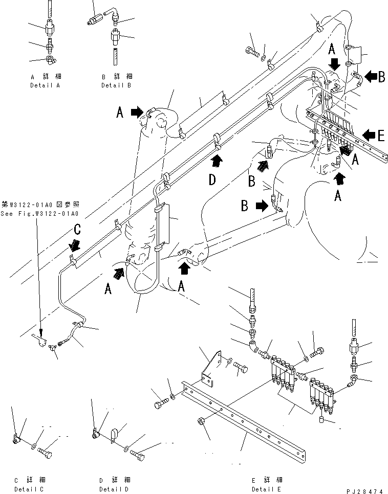 Komatsu parts book diagram for HD985-5 S/N 1021-UP: LINCOLN AUTO GREASE PIPING (REAR LINE¤ 1/2)