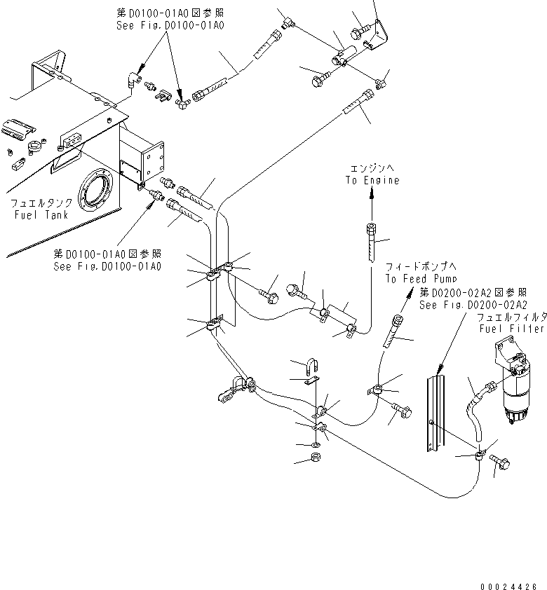Komatsu parts book diagram for HM300-1 S/N 1001-UP: FUEL PIPING (WITH ADDITIONAL FUEL FILTER) (1/2)