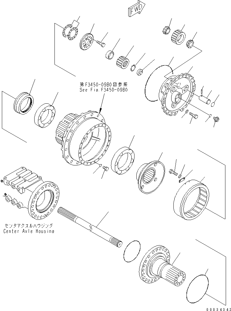 Komatsu parts book diagram for HM300-1 S/N 1001-UP: CENTER AXLE (R.H.) (FINAL DRIVE) (SERVICE PARTS)