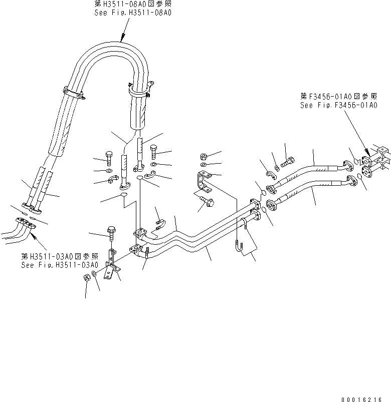 Komatsu parts book diagram for HM300-1 S/N 1001-UP: BRAKE COOLING PIPING (BRAKE LINE ? REAR FRAME SIDE ? 1/2)(#1001-1021)